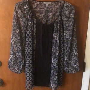 Blue and black floral top with black camisole